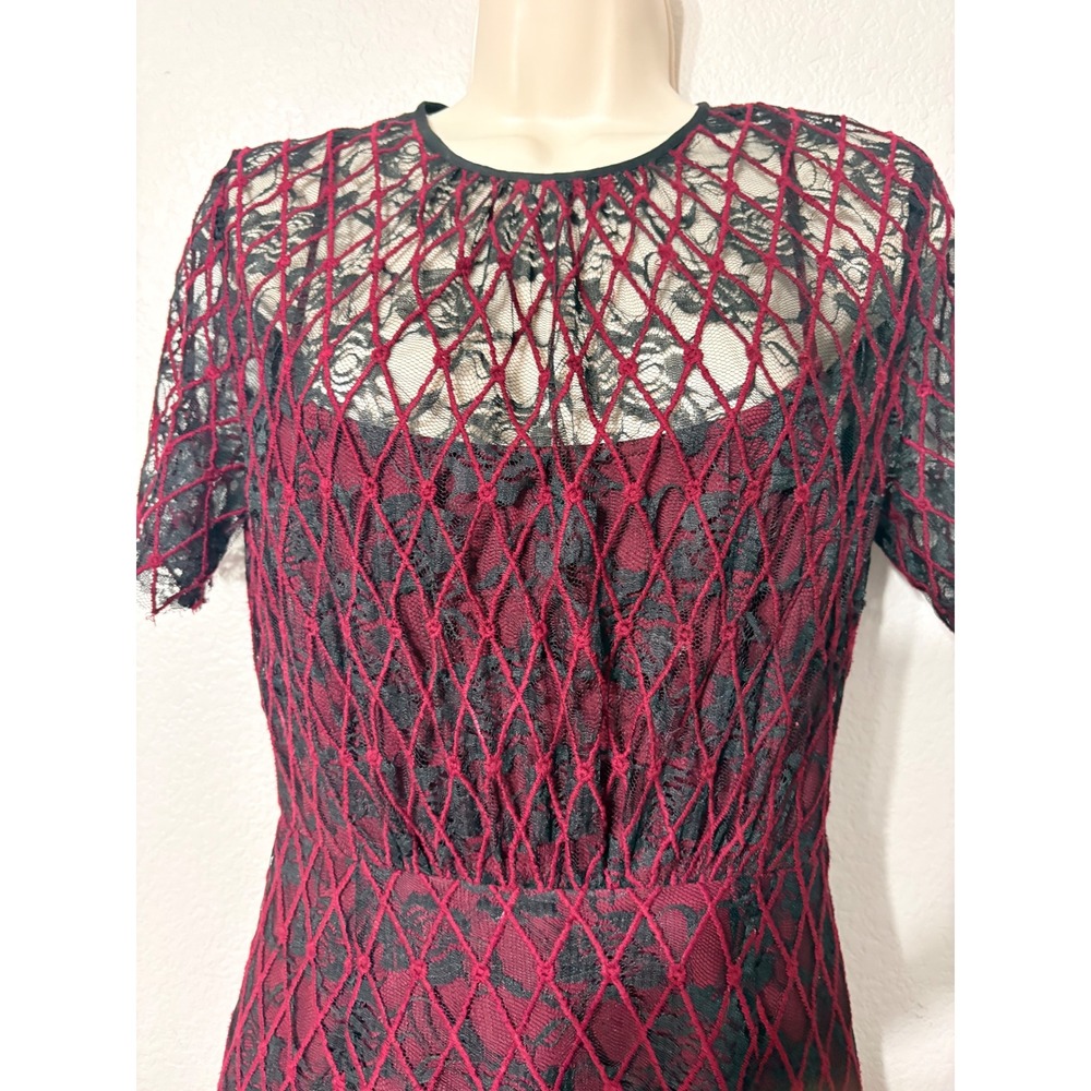 Sandro Black Diamond Pattern Lace over a Burgundy Mini Dress Round Neck Dressy S